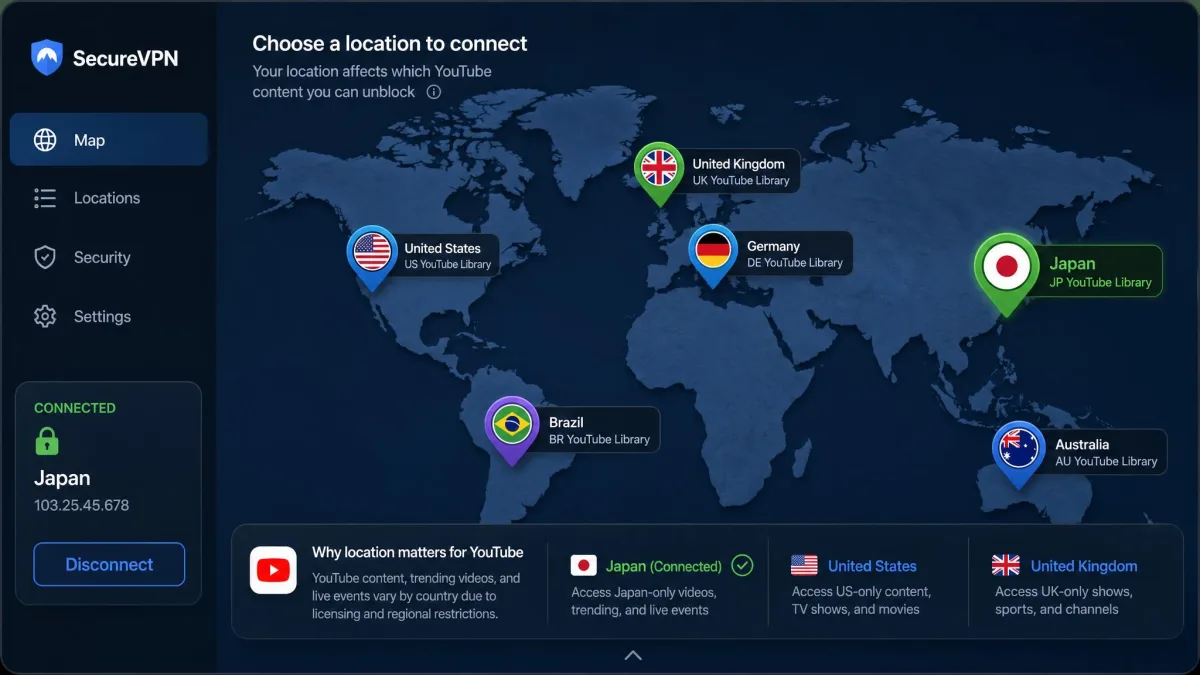 A close-up of a VPN app world map with several country pins highlighted, illustrating how server location choice affects which YouTube content you can unblock.