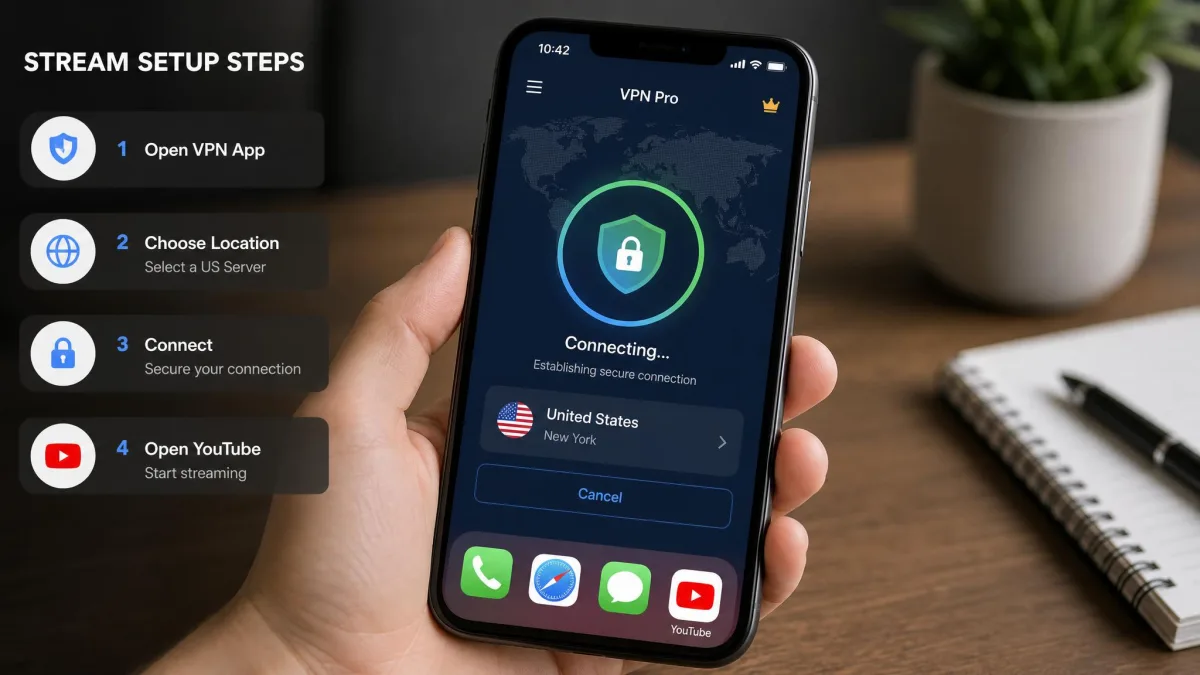 A smartphone showing a VPN app mid-connection to a US server, with the YouTube app icon visible on the home screen, illustrating the setup steps before streaming.