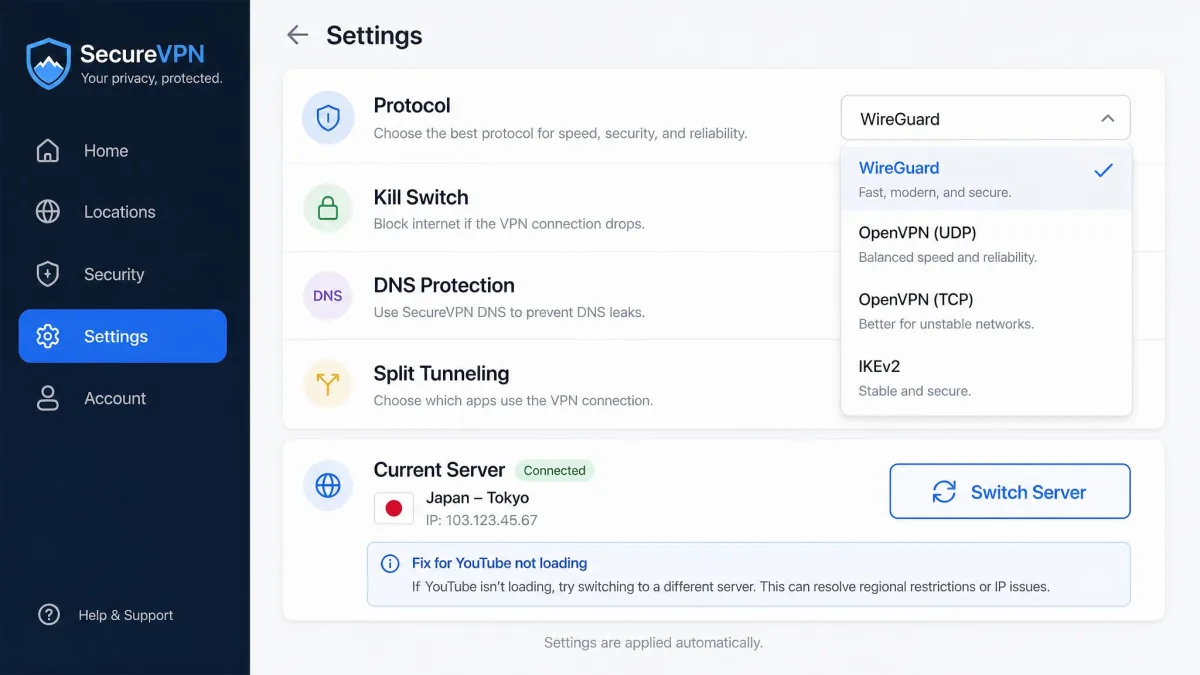 A VPN app settings screen with the protocol menu open on WireGuard and a server-switch button, illustrating the fixes for YouTube not loading.