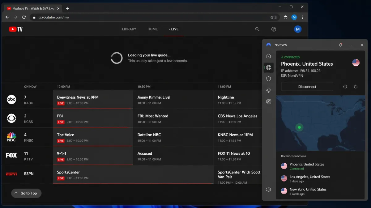 YouTube TV loading its live guide in a browser while a VPN app shows a connection to a specific US city, demonstrating regional feed access.