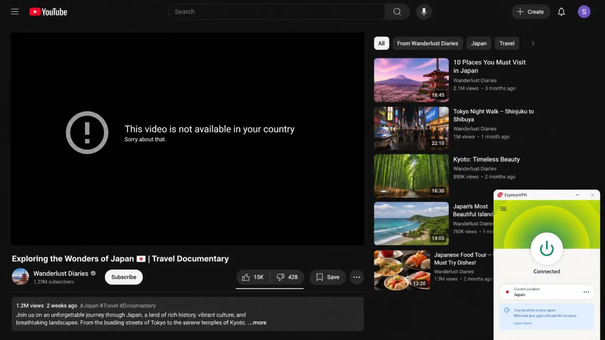 A YouTube video page showing the "this video is not available in your country" message, the geo-block a VPN is used to bypass.