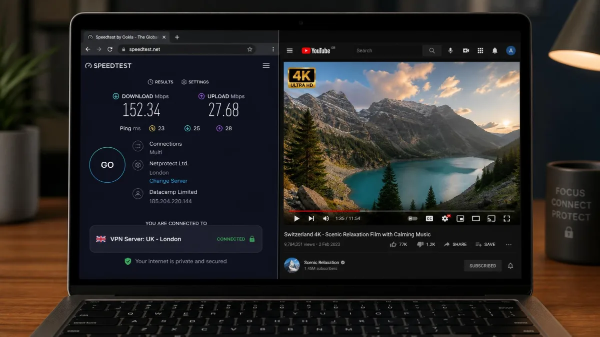 A laptop screen split between a browser speed-test result and a 4K YouTube video playing, illustrating how a VPN connection is measured for streaming performance.