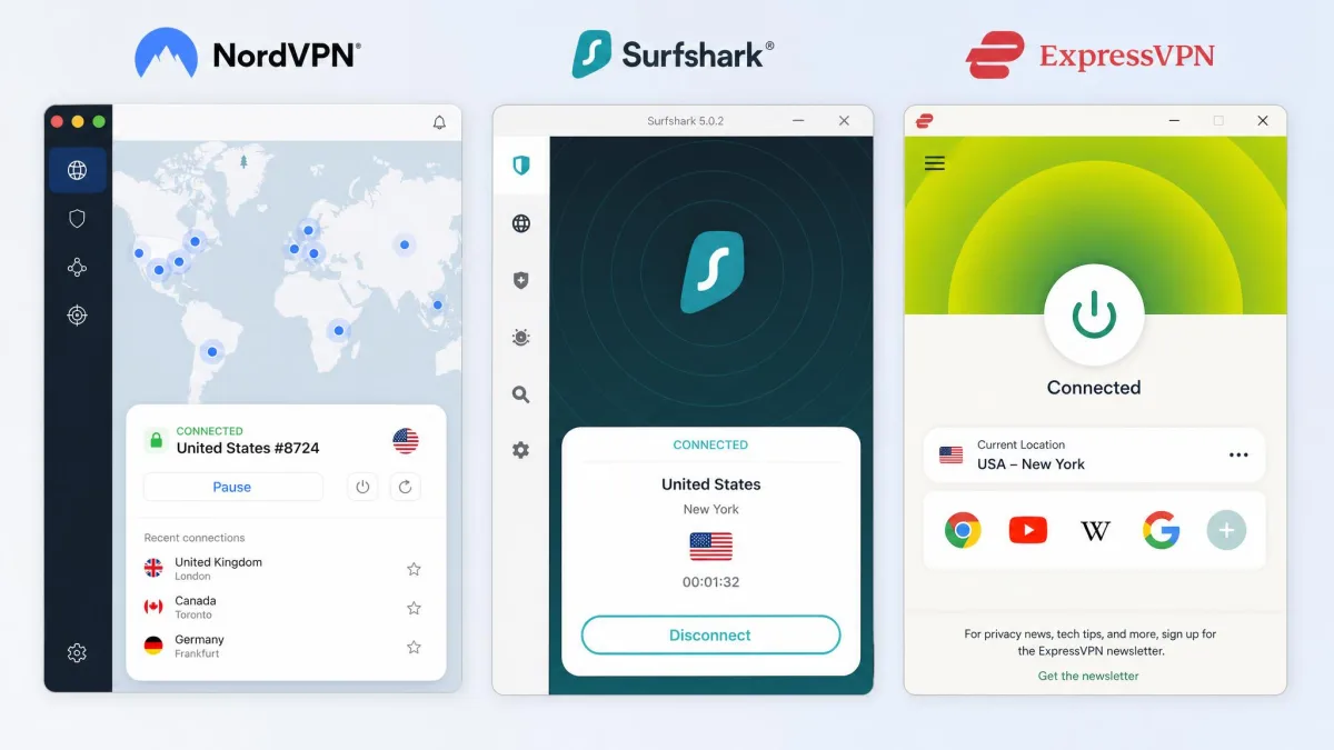 The connect screens of NordVPN, Surfshark, and ExpressVPN shown together, representing the top-ranked VPNs tested for unblocking YouTube.