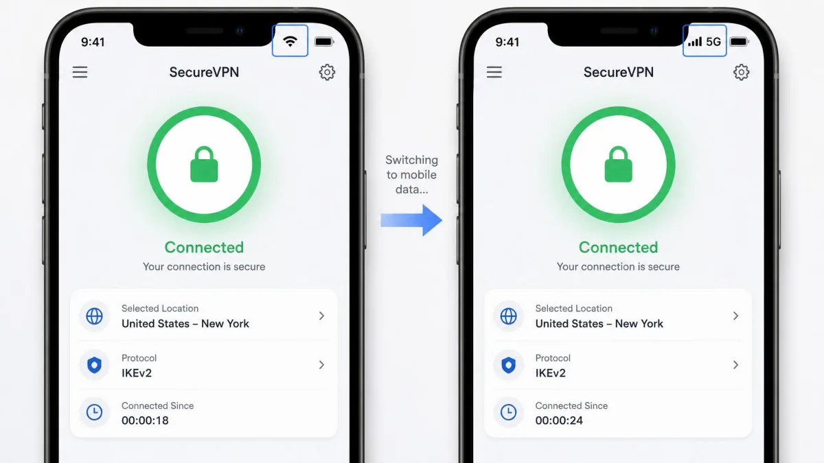 A smartphone screen showing a VPN staying connected while the status bar transitions from Wi-Fi to a mobile data signal, with the IKEv2 protocol label visible in the app.