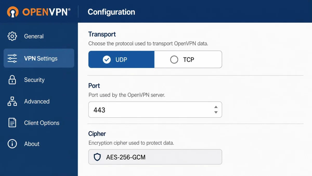 An OpenVPN configuration screen showing a toggle between TCP and UDP transport and a port field set to 443, with an AES-256-GCM cipher label displayed below.