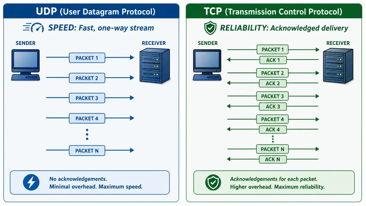 A side-by-side illustration contrasting UDP sending packets in a fast one-way stream against TCP sending packets with acknowledgement arrows returning for each one, labeled speed versus reliability.