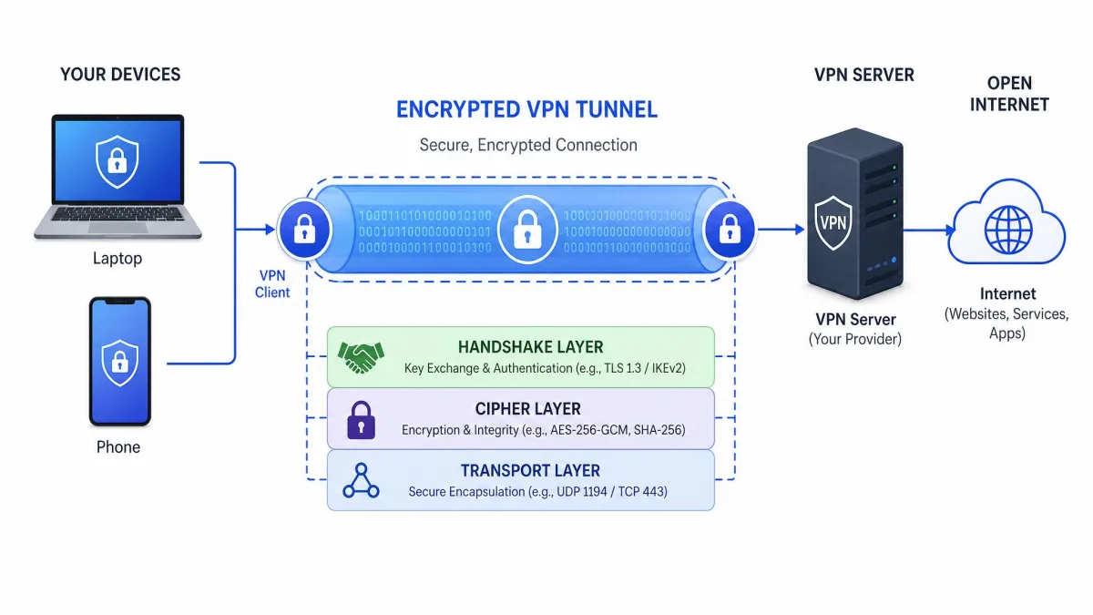 Diagram of a VPN tunnel showing a laptop and phone on the left, an encrypted tunnel in the middle labeled with handshake, cipher, and transport layers, and a VPN server on the right connecting to the open internet.
