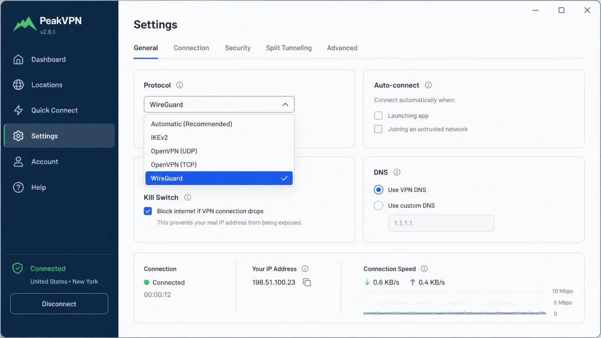 A VPN desktop app settings screen with the protocol menu open, WireGuard selected and highlighted, and a connection speed readout showing near-baseline throughput.