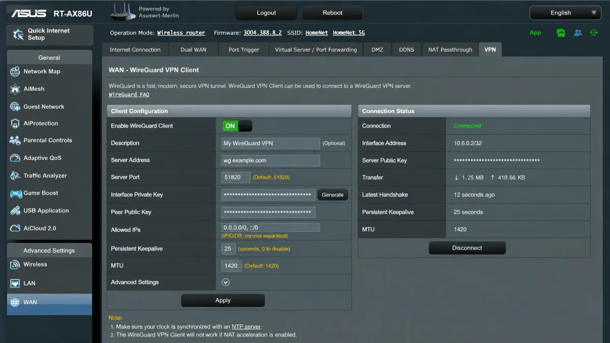 The Asuswrt-Merlin web interface on an Asus RT-AX86U showing the WireGuard VPN client configuration page with server, keys, and connection status fields.