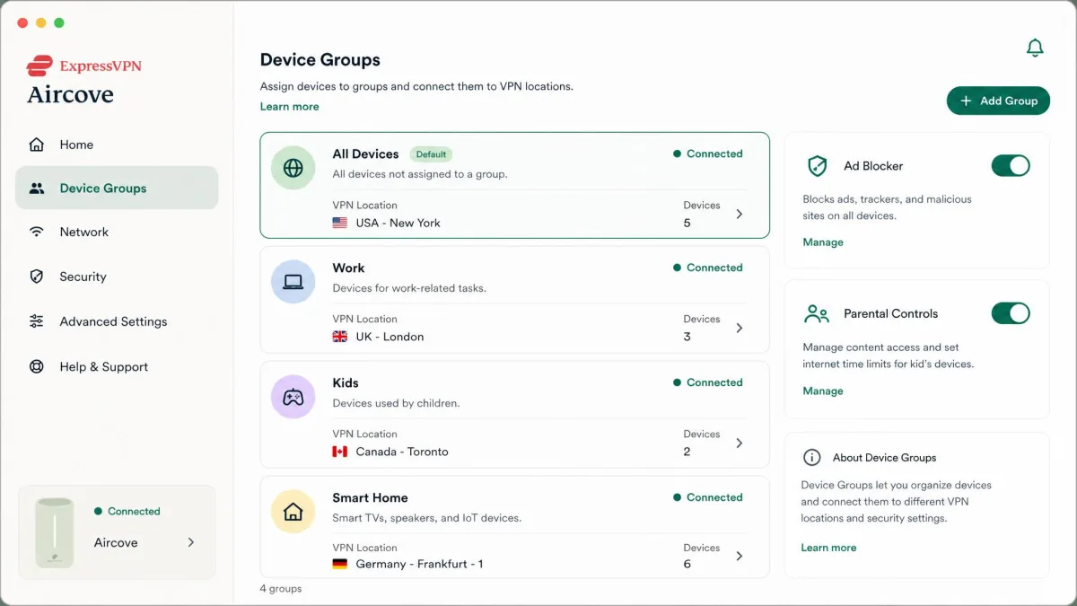 The ExpressVPN Aircove companion app showing device groups assigned to different VPN server locations, with ad-blocking and parental control toggles.