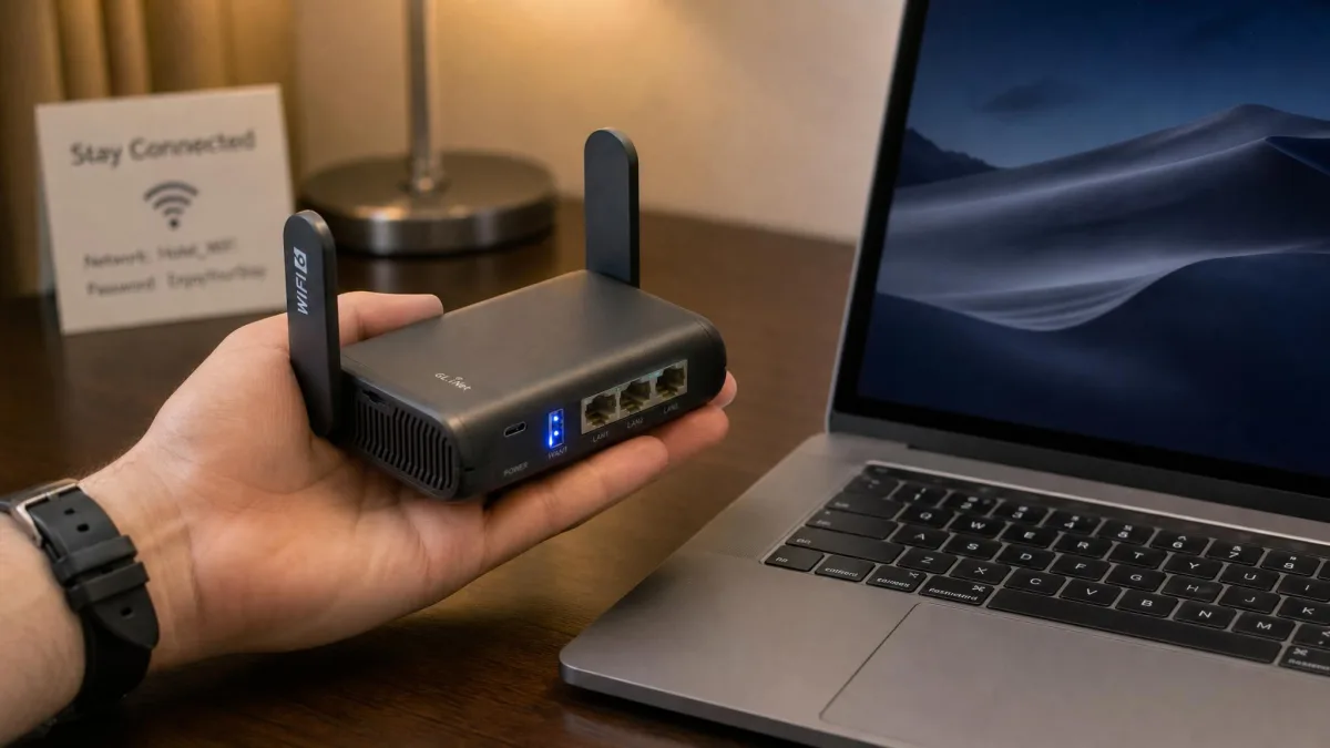 The pocket-sized GL.iNet Slate AX travel router held in one hand next to a laptop on a hotel desk, with its Wi-Fi status lights lit.
