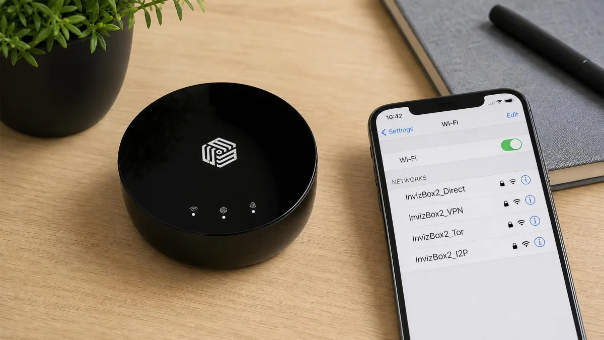 The small, antenna-free InvizBox 2 VPN router sitting on a desk beside a phone showing its four separate Wi-Fi network names.