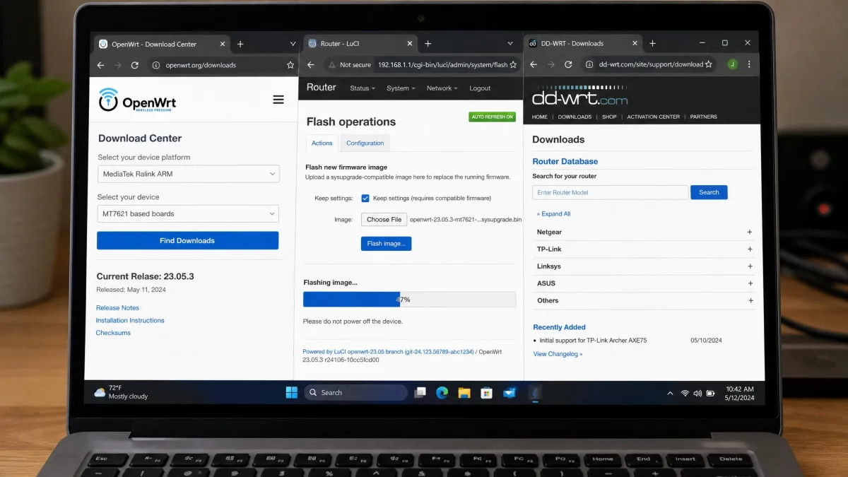 A laptop screen showing a router firmware upgrade page mid-flash, with OpenWrt and DD-WRT download pages open in browser tabs alongside.