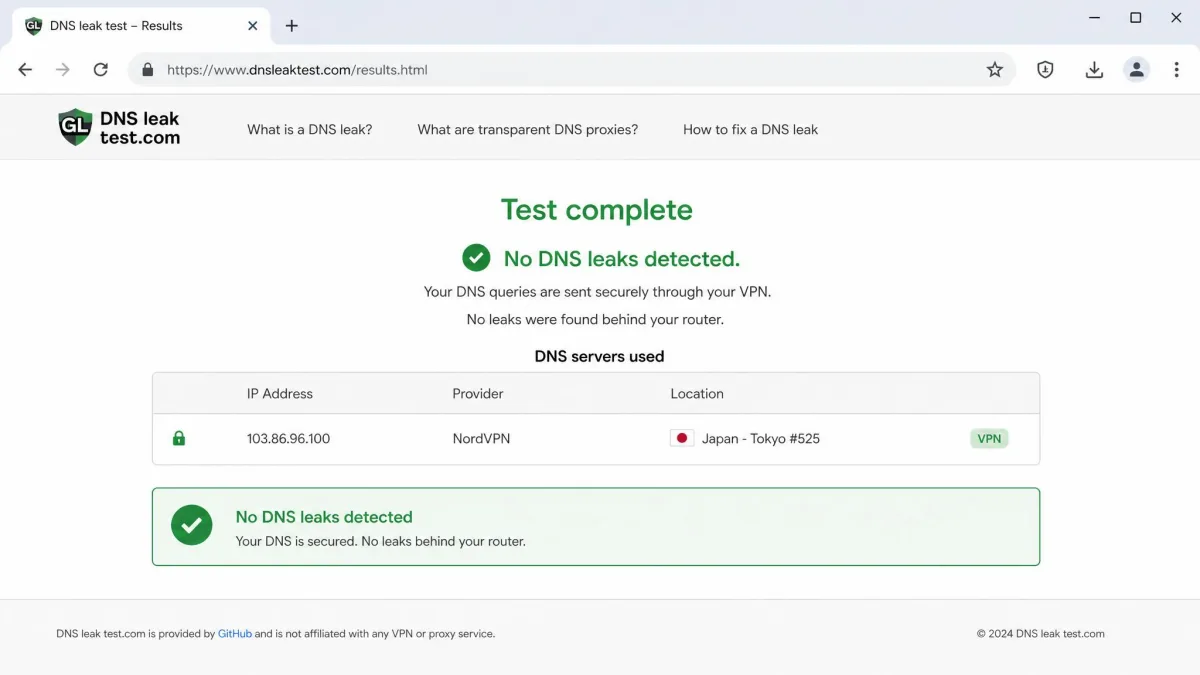 A browser showing a DNS-leak test result page with a single VPN server location listed and a green pass indicator, confirming no leaks behind the router.