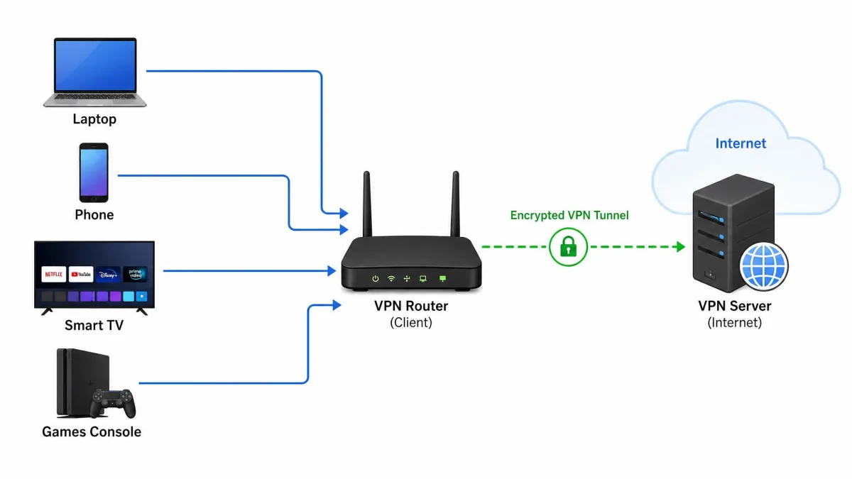 A simple network diagram showing a laptop, phone, smart TV, and games console all connecting through a single VPN router that tunnels traffic to a VPN server on the internet.