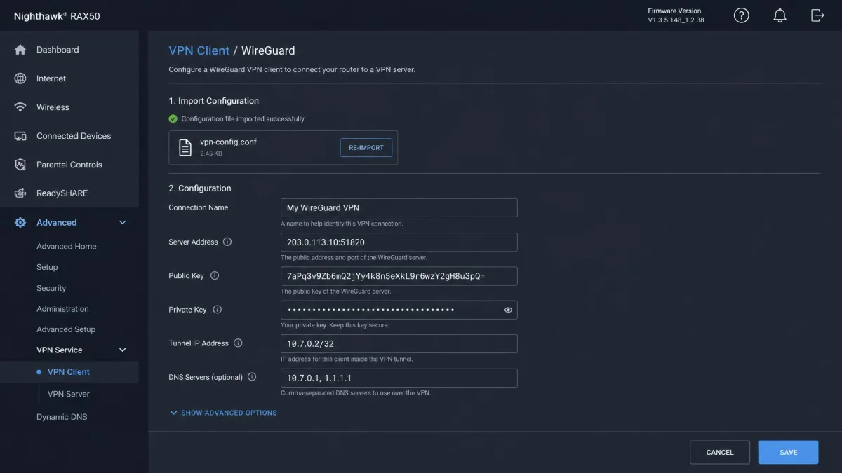 A router VPN client settings screen with a WireGuard configuration file being imported, showing server address and key fields ready to save.