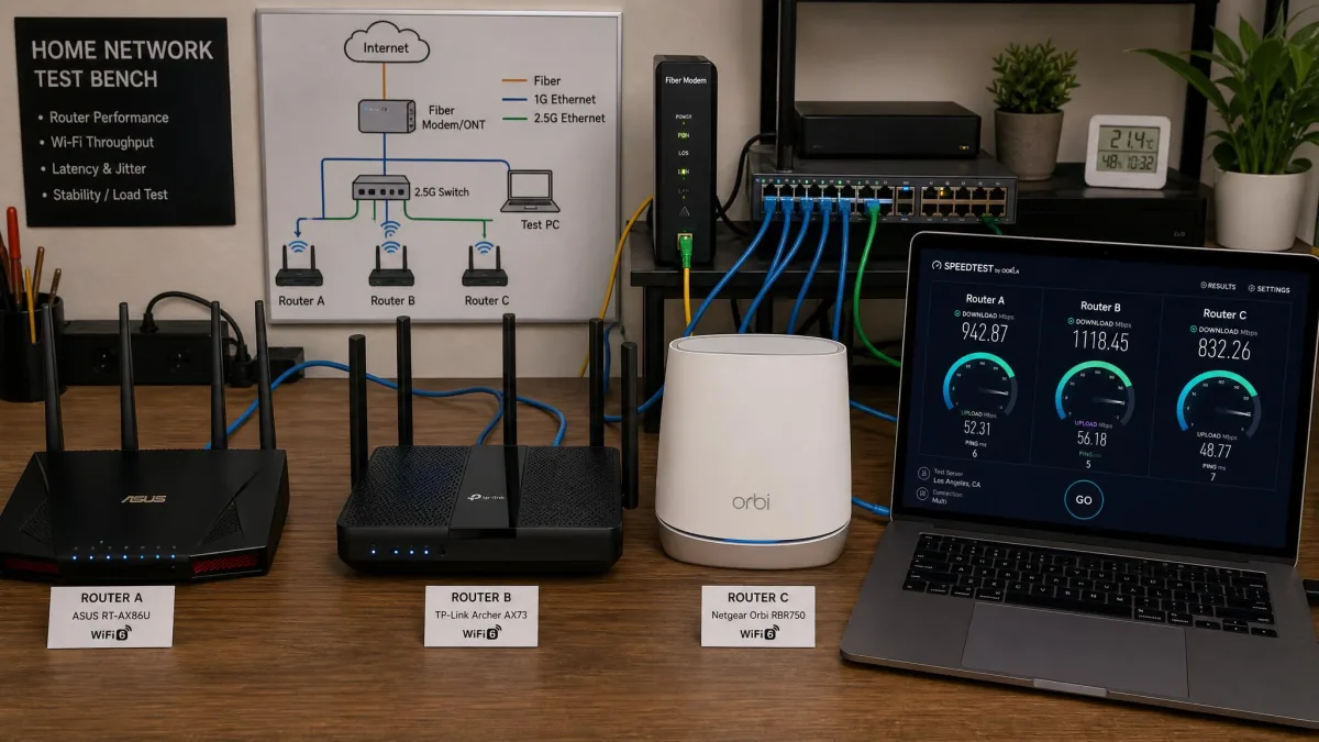 A home networking test bench with three Wi-Fi routers connected to a laptop running a speed-test dashboard, ethernet cables and a fiber modem visible in the background.
