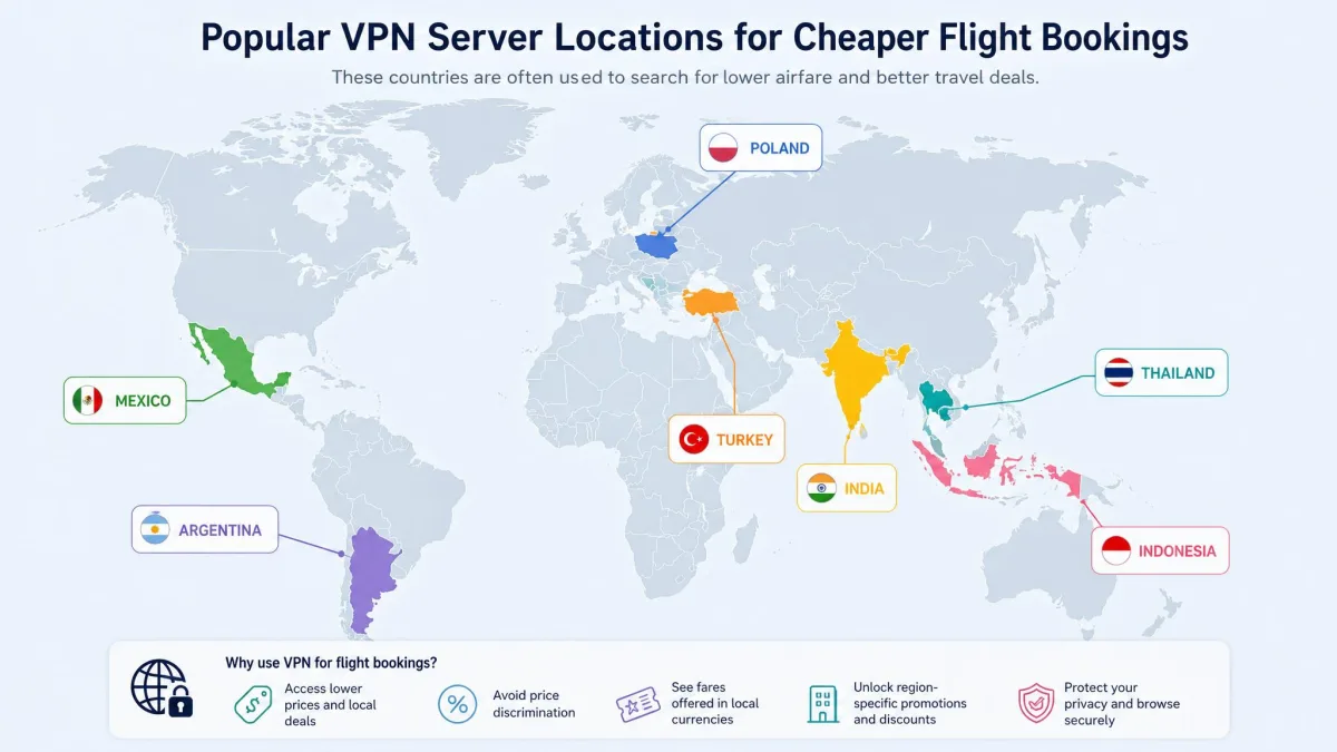 A world map highlighting countries commonly used as VPN server locations for cheaper flight bookings, including Mexico, India, Thailand, Turkey, Argentina, Indonesia, and Poland.