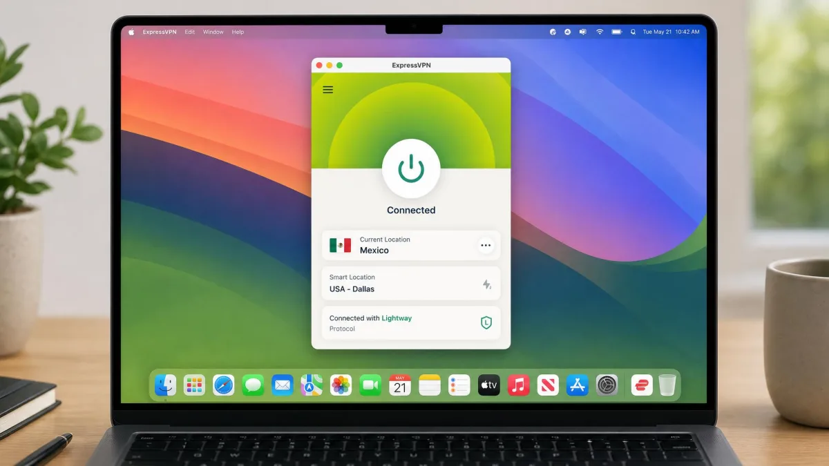 The ExpressVPN app's single-button connect screen on a laptop, showing a one-tap connection to a server in Mexico with the Lightway protocol active.
