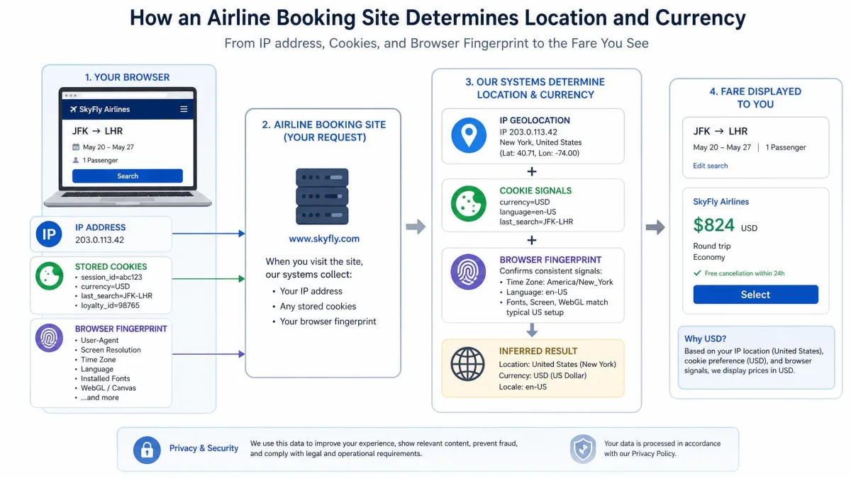 Diagram showing how an airline booking site reads a traveler's IP address, stored cookies, and browser fingerprint to determine their location and currency before displaying a fare.