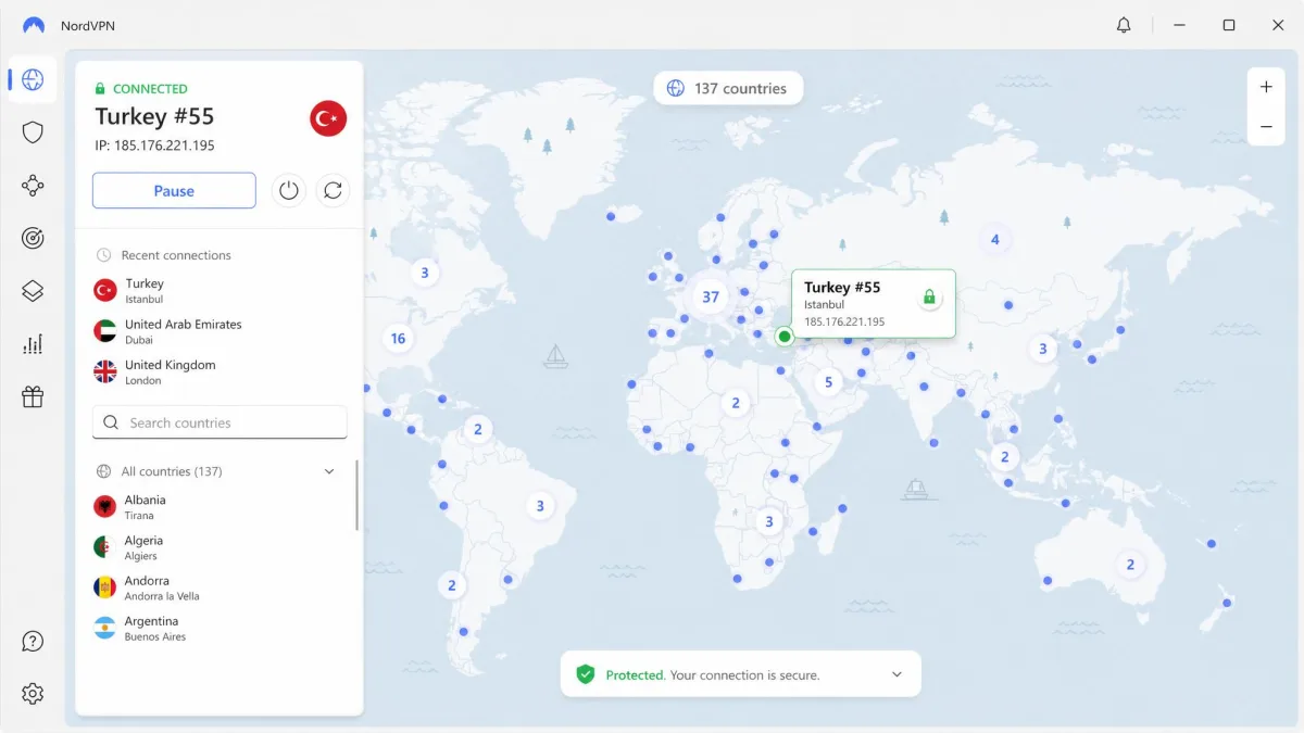 NordVPN's map-based server picker showing its 137-country network, with a server in Turkey selected for testing a flight fare.