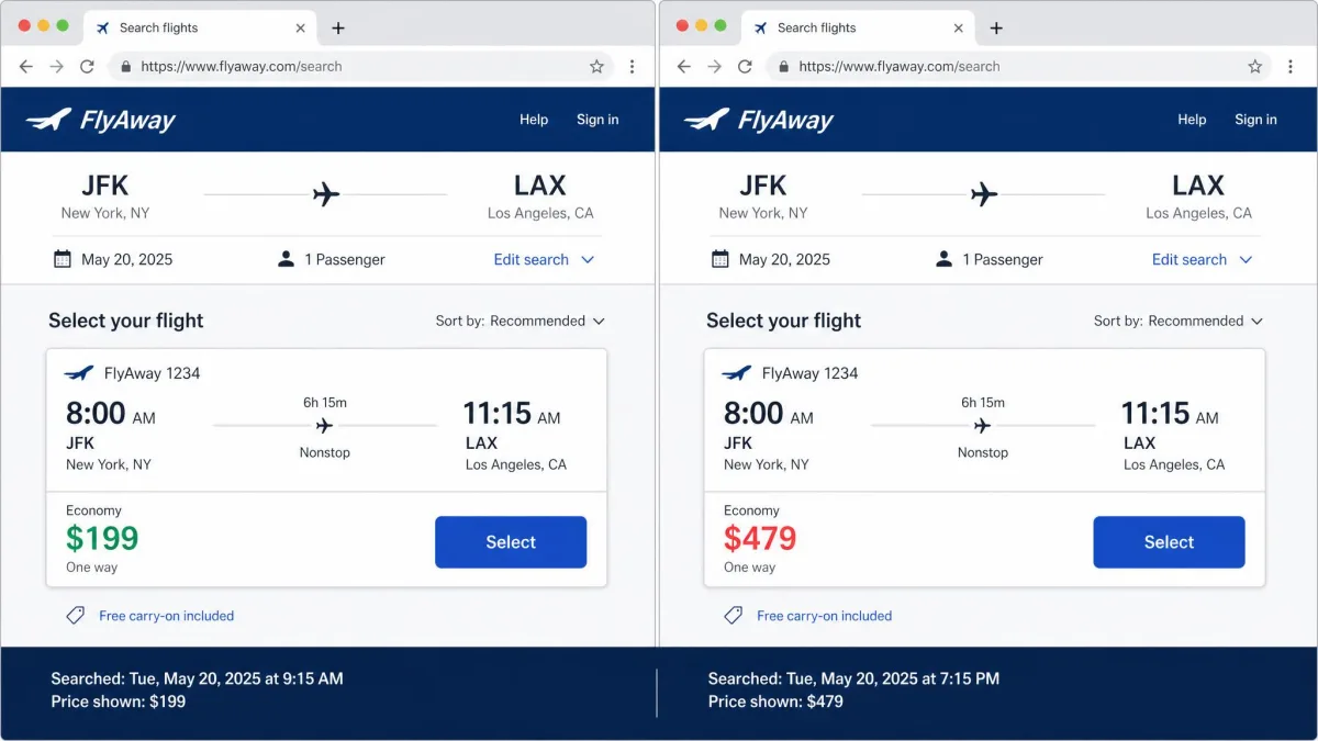 Two browser windows side by side showing the same flight and date at two different fares, illustrating how dynamic pricing changes the number a traveler sees.