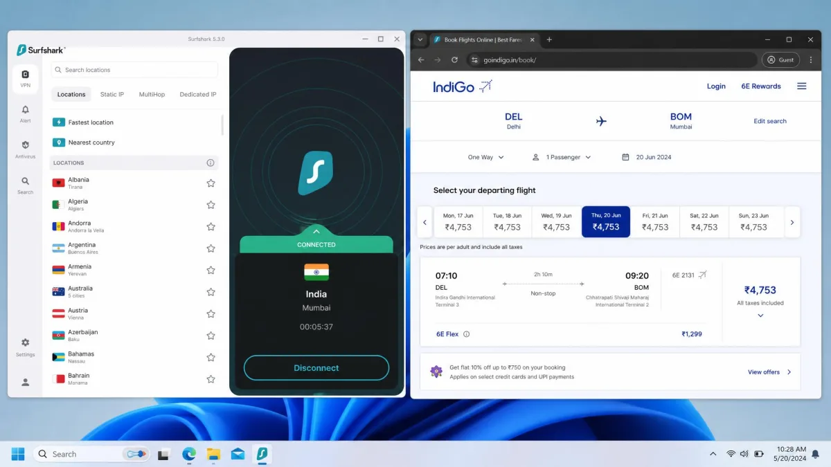 The Surfshark desktop app with its country server list open next to a browser showing an airline booking page, connected to a server in India for a flight-price comparison.