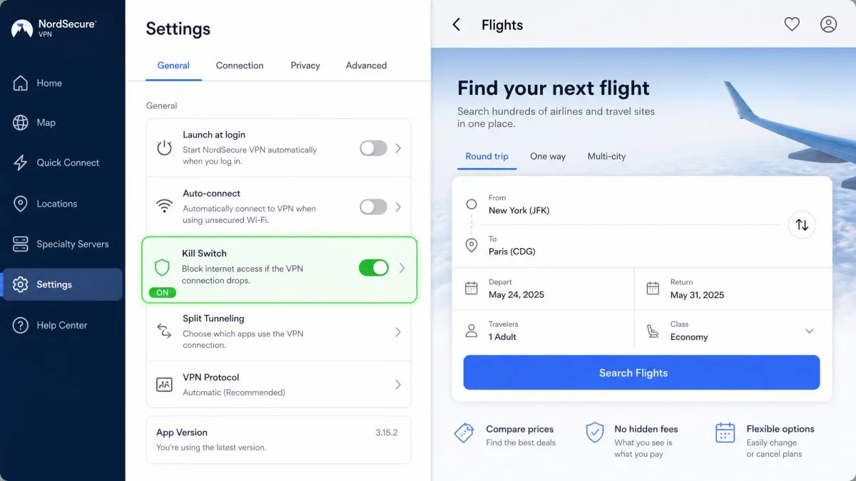 A VPN app settings screen with the kill switch toggle turned on, highlighted before starting a flight search.
