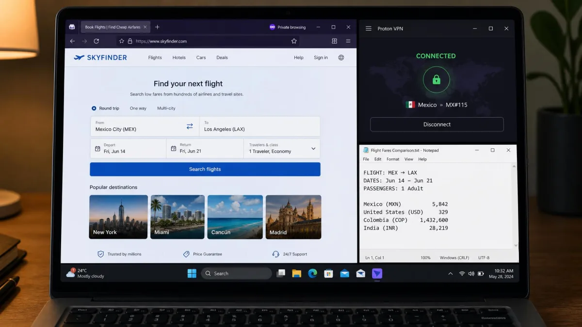 A laptop screen showing a flight booking site open in a private browser window with a VPN app connected to a server in Mexico, alongside a notepad listing fares from four different countries.