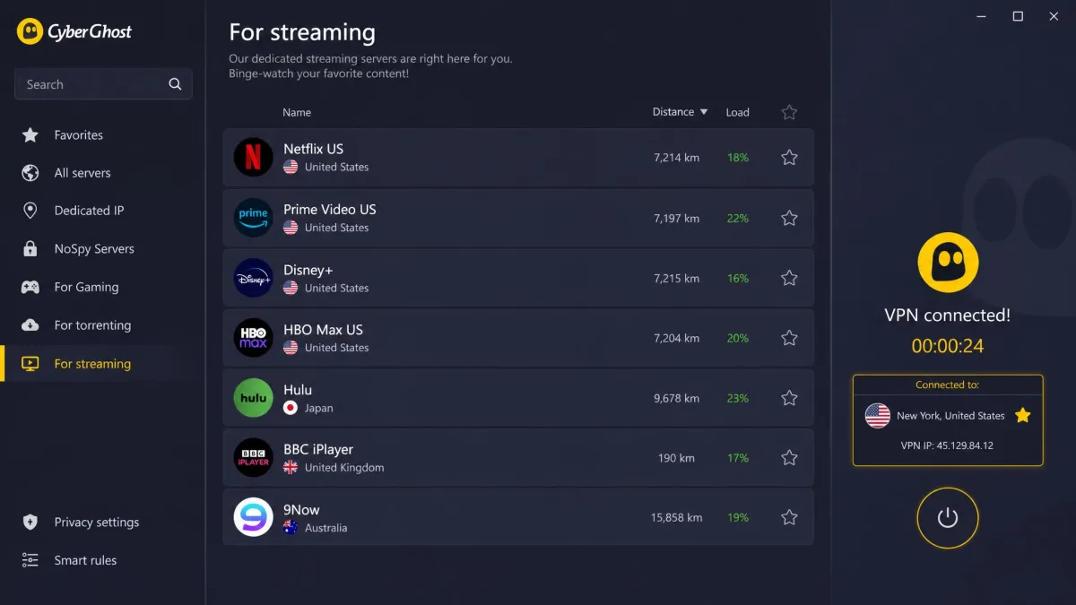CyberGhost's app displaying its dedicated streaming server list with labels for specific services and country flags beside each optimized server.