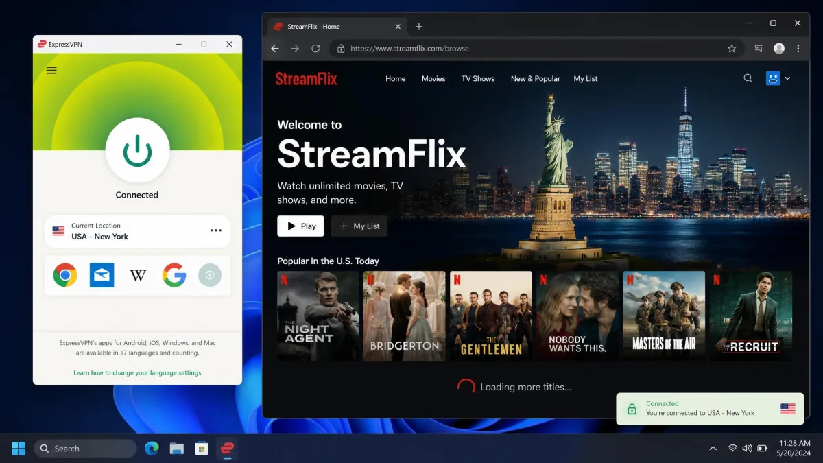 ExpressVPN connected to a US server with a streaming service library loading in a browser window beside the app, demonstrating region unblocking during testing.