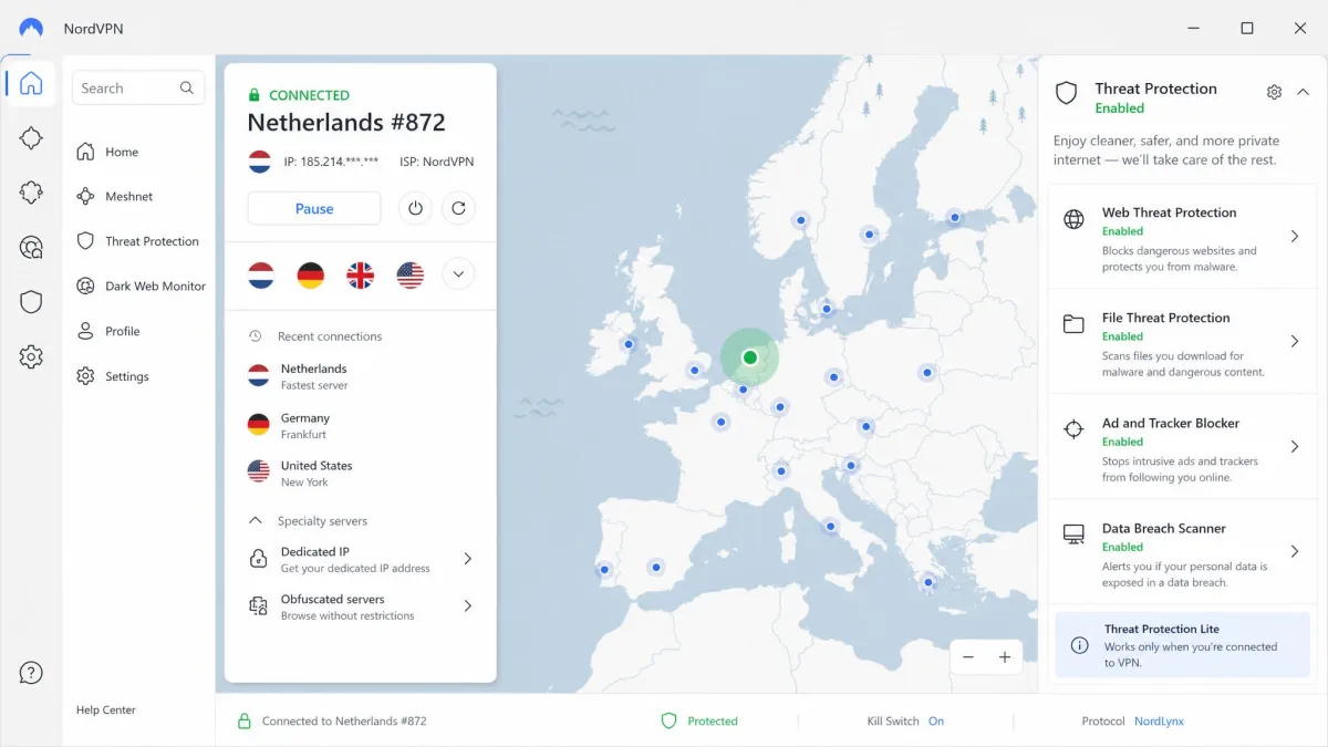 NordVPN's desktop app showing a connected server in the Netherlands with the Threat Protection panel enabled and a green connection status indicator.