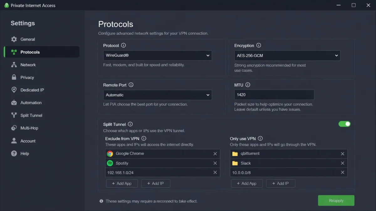 Private Internet Access desktop app open on its advanced settings panel, showing protocol, encryption, and split-tunneling options available to power users.