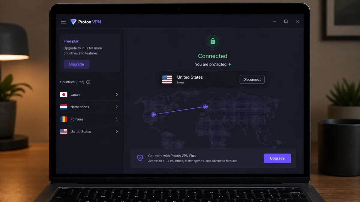 Proton VPN's app on a laptop connected on the free plan, showing an active connection with no data-usage meter and a short list of available free countries.