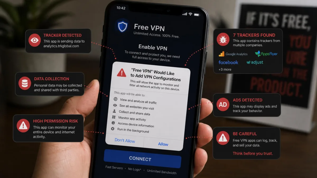 A smartphone showing a free VPN app requesting broad device permissions, with several tracker and ad notices visible, illustrating the risks of untrustworthy free VPNs.