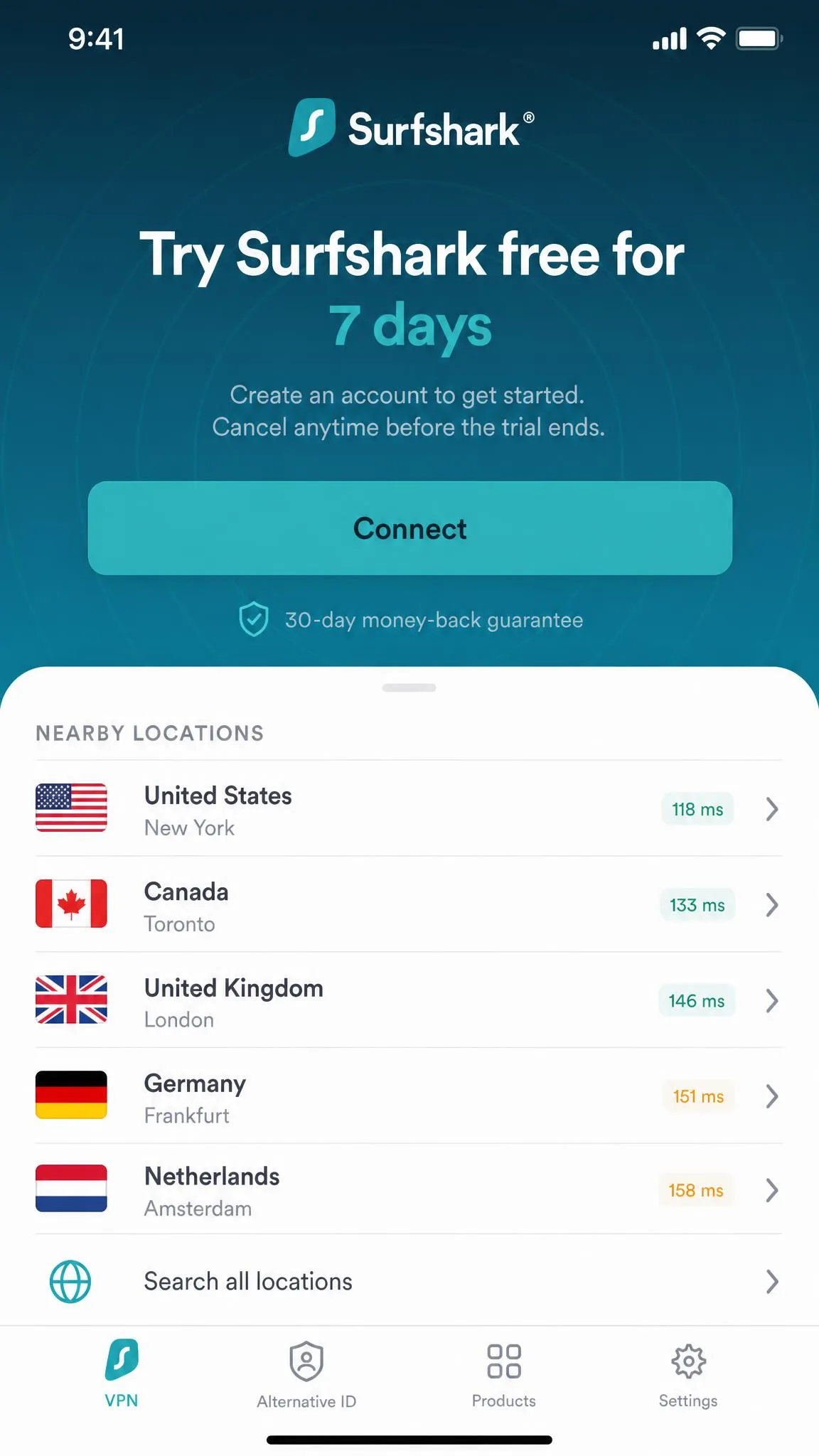 Surfshark's iOS app showing the 7-day free trial signup screen with the connect button and a list of nearby server locations.