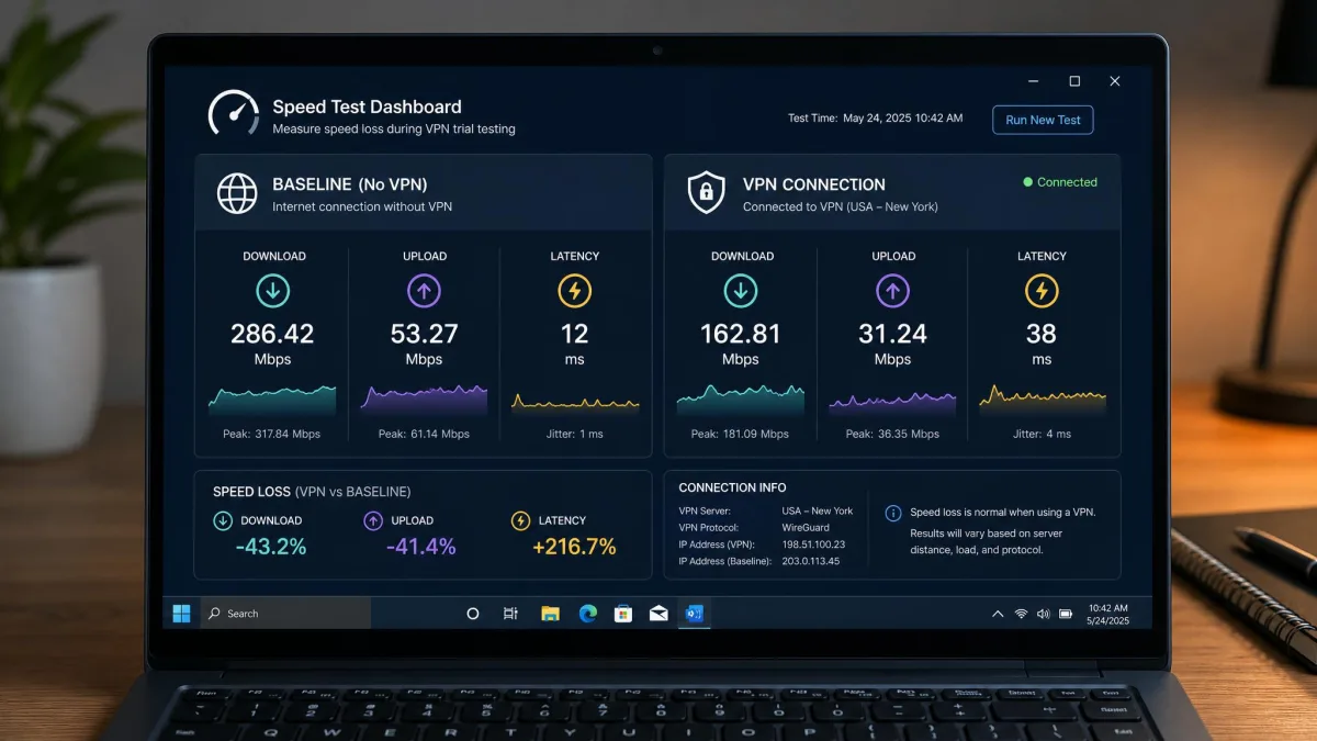A speed-test dashboard on a Windows laptop showing download, upload, and latency figures for a VPN connection next to a baseline reading, used to measure speed loss during trial testing.