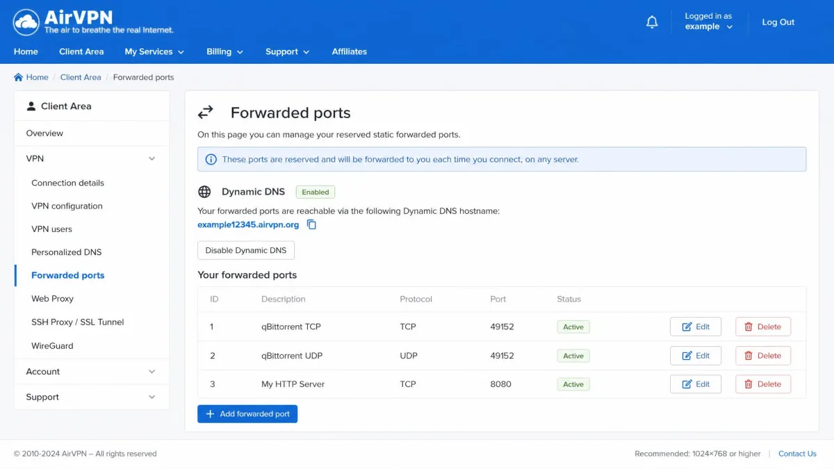 AirVPN's web control panel showing a list of reserved static forwarded ports with Dynamic DNS enabled, configured before connecting to a server.