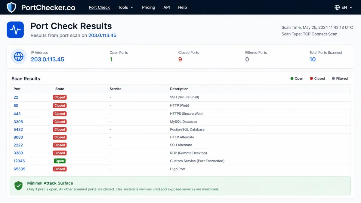An online port checker reporting a single forwarded high port as open while all other ports remain closed, illustrating a minimal attack surface.