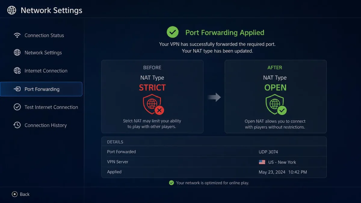 A game console network settings screen showing NAT type changed from Strict to Open after a VPN forwarded port was applied.