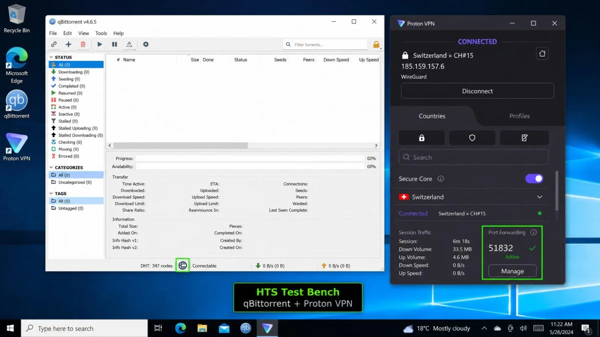 A Windows desktop showing qBittorrent's connection status with a green connectable icon next to a VPN app window displaying the forwarded port number, on the HTS test bench.