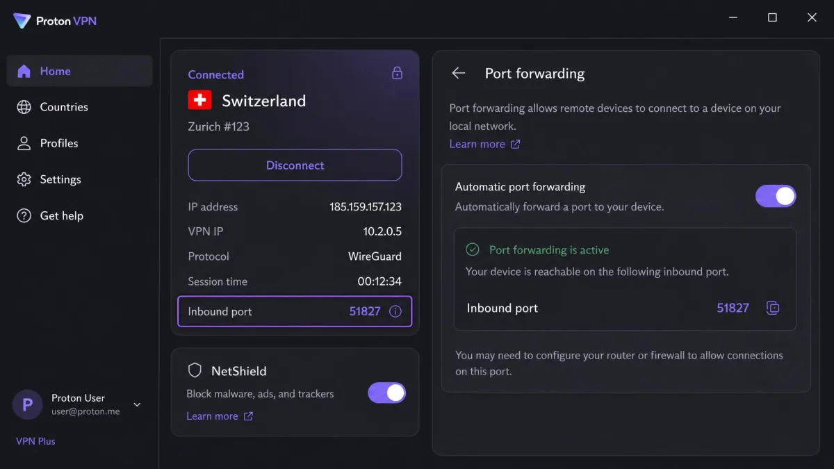 Proton VPN's Windows app showing the automatic port forwarding toggle switched on and the assigned inbound port number displayed in the connection panel.