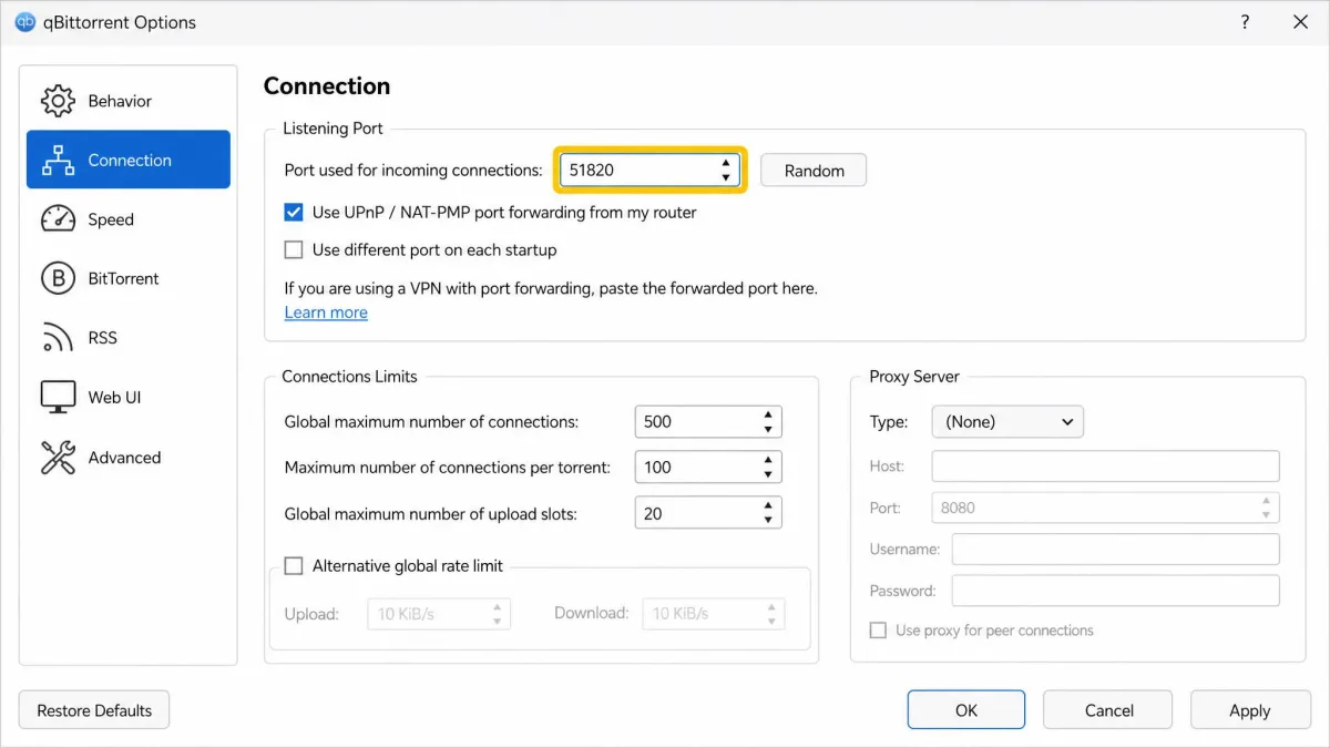 qBittorrent's Connection settings screen with the listening port field highlighted, showing where to paste the VPN's forwarded port number.