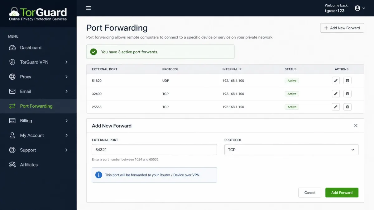 TorGuard's member area port-forwarding screen showing a new forward being added with a chosen port number and a TCP or UDP protocol selector.