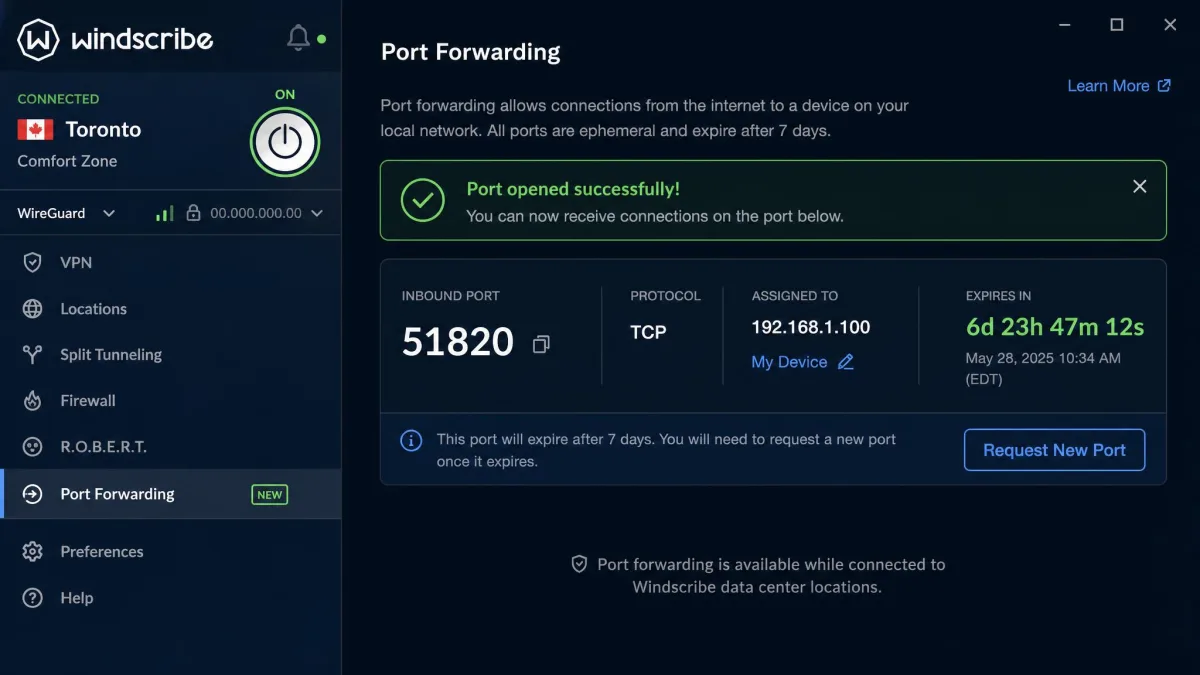 Windscribe's ephemeral port forwarding screen showing a newly opened inbound port with a 7-day expiry countdown before it must be re-requested.