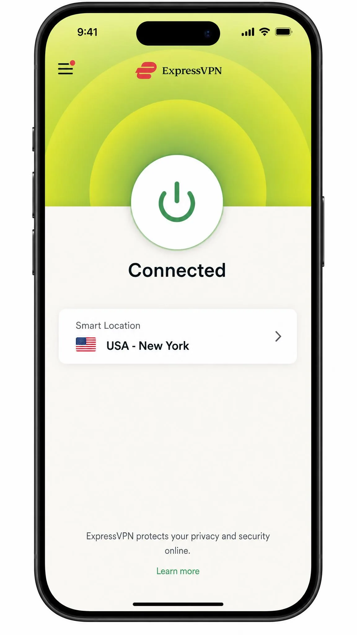 ExpressVPN's iPhone app with the large circular connect button showing Connected and the selected smart location underneath it.