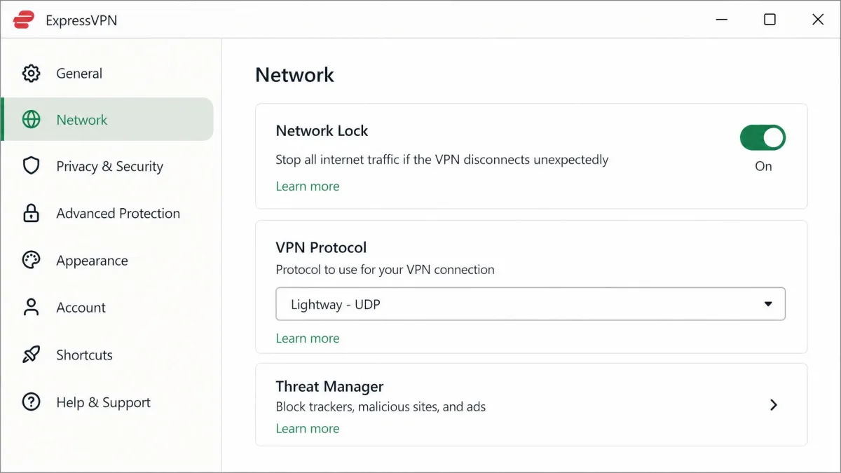 ExpressVPN's desktop settings showing Network Lock enabled and the Lightway protocol selected, with the Threat Manager option below.