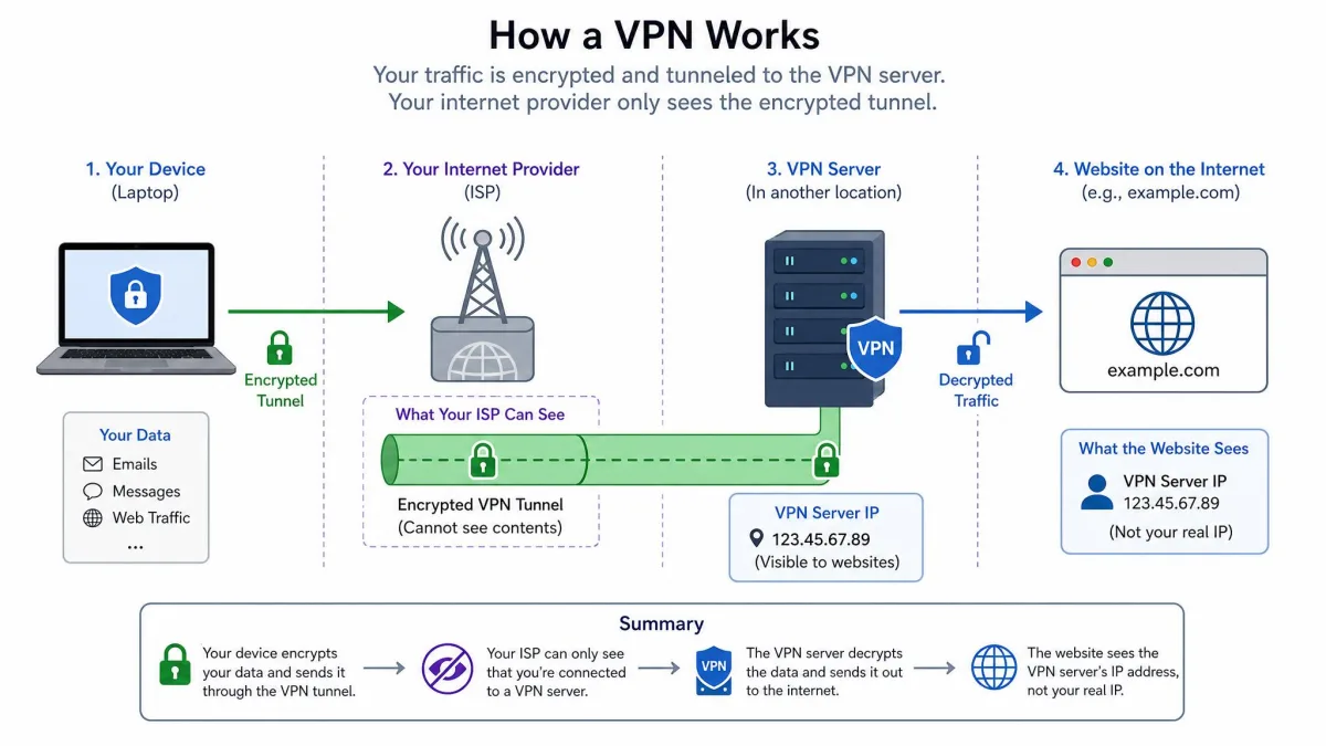 A diagram showing a laptop's traffic passing through an encrypted tunnel to a VPN server and then out to a website, with the internet provider only seeing the tunnel.