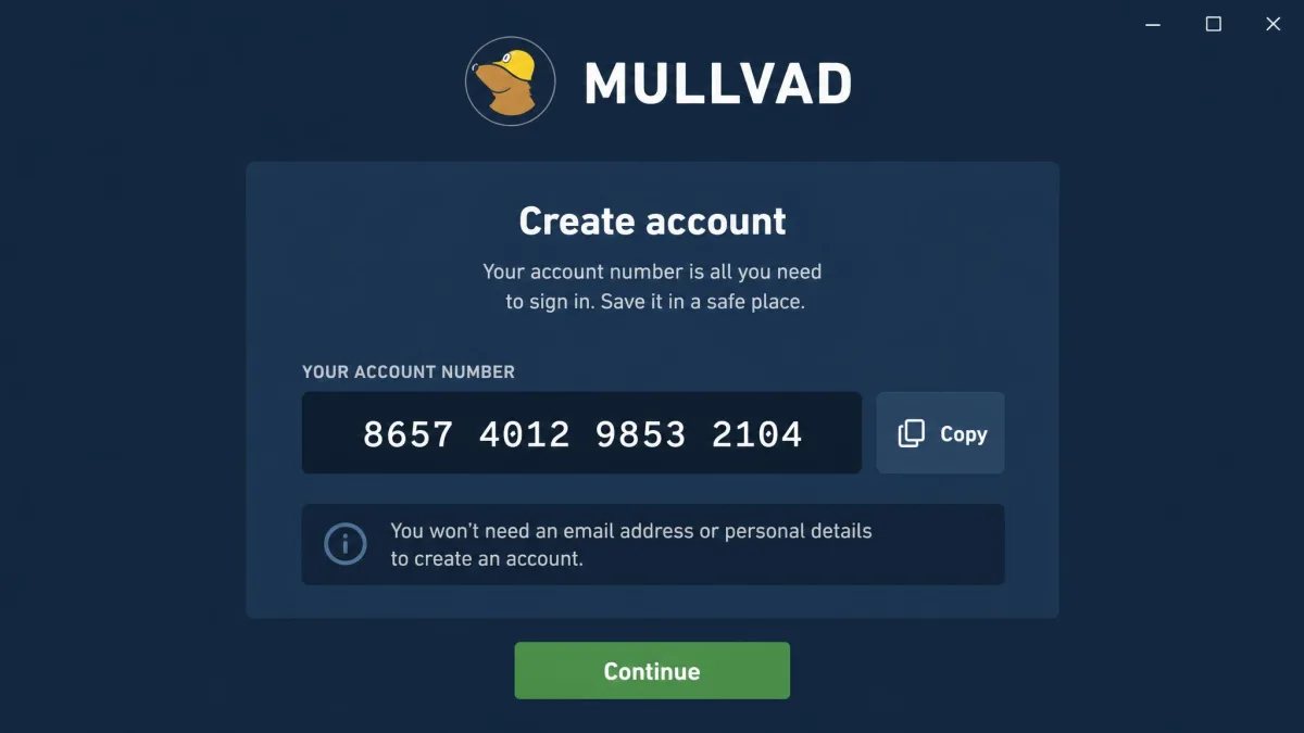 Mullvad's sign-up screen displaying a newly generated 16-digit account number with a copy button and no email or name fields.