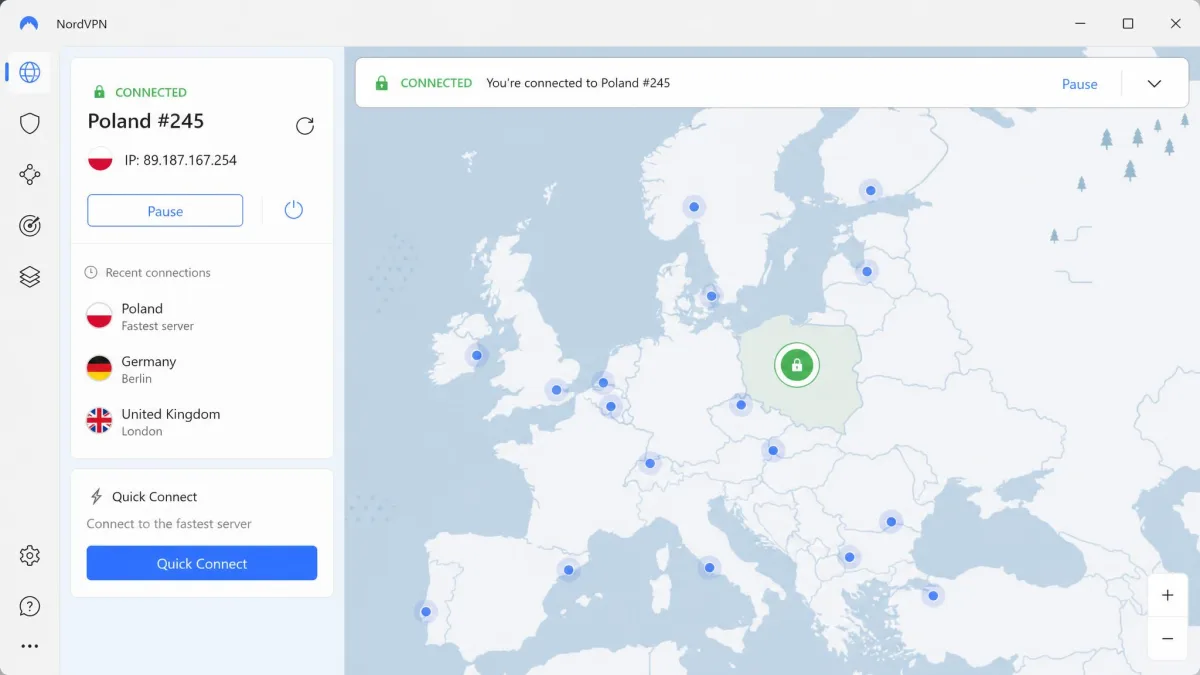 NordVPN's Windows app connected to a nearby server, showing the quick connect button, the server map and the connection status bar at the top of the window.